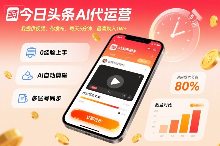 今日头条AI代运营，我提供视频，你发布，每天5分钟，最高躺入1W+【揭秘】小淇云库-创业网-网赚副业-网创副业-项目拆解-技术类创业资源网-副业网-免费资源下载小淇云库