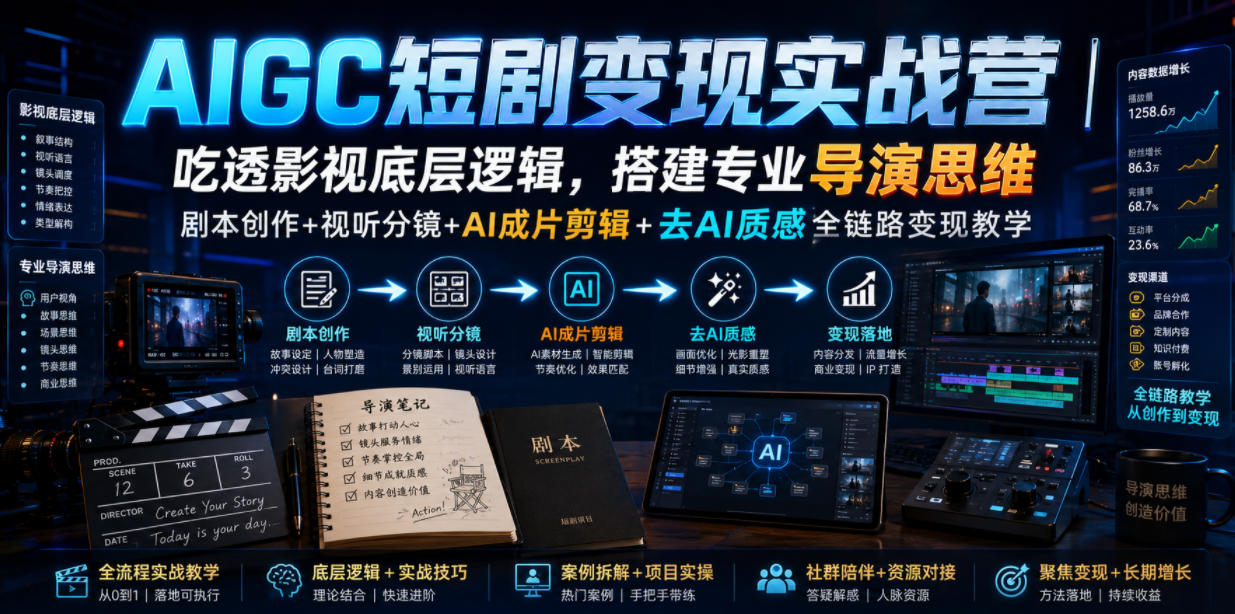 AIGC短剧变现实战营｜吃透影视底层逻辑，搭建专业导演思维，剧本创作+视听分镜+AI成片剪辑+去AI质感全链路变现教学-荆楚AI