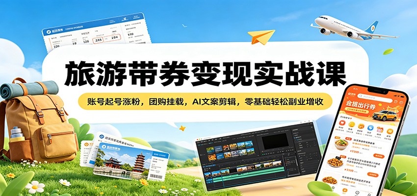 旅游带券变现实战课：账号起号涨粉，团购挂载，AI文案剪辑，零基础轻松副业增收-荆楚AI