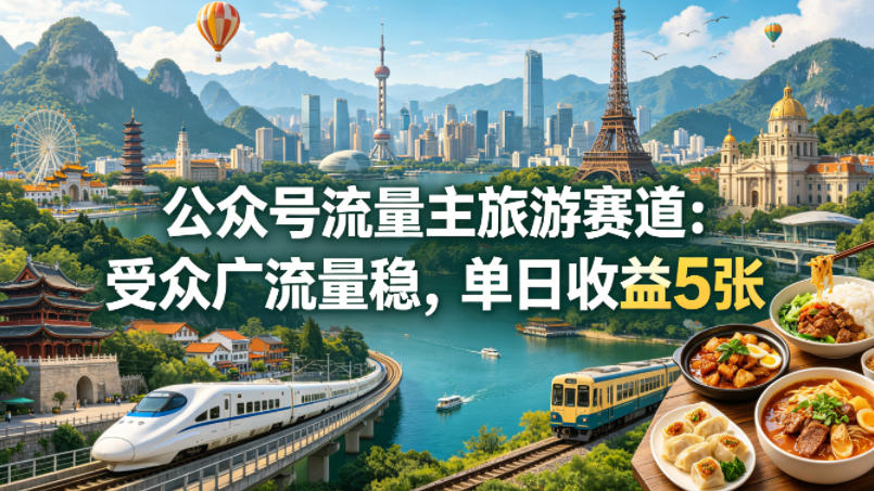 公众号流量主之旅游赛道，受众广+流量稳，平均单日收益5张+-荆楚AI