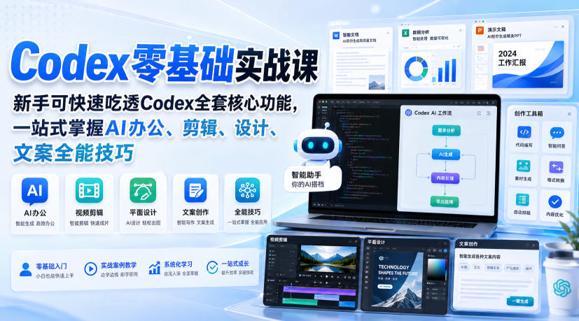Codex零基础实战课，新手可快速吃透Codex全套核心功能，一站式掌握AI办公、剪辑、设计、文案全能技巧-荆楚AI
