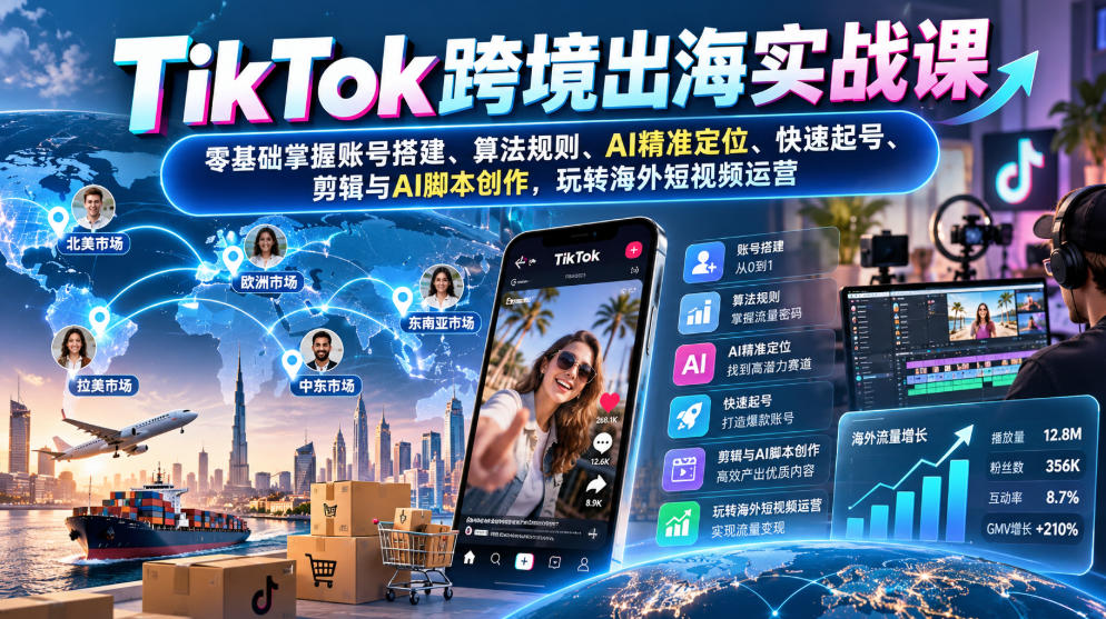 TikTok跨境出海实战课:零基础掌握账号搭建、算法规则、AI精准定位、快速起号、剪辑与AI脚本创作,玩转海外短视频运营-荆楚AI