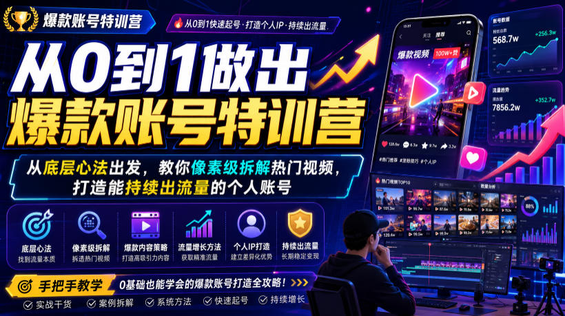 从0到1做出爆款账号特训营,从底层心法出发,教你像素级拆解热门视频,打造能持续出流量的个人账号-荆楚AI