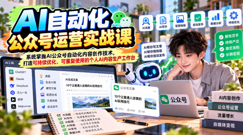 AI自动化公众号运营实战课,系统掌握AI公众号自动化内容创作技术,打造可持续优化、可重复使用的个人AI内容生产工作台 AI自动化公众号运营实战课,系统掌握AI公众号自动化内容创作技术,打造可持续优化、可重复使用的个人AI内容生产工作台