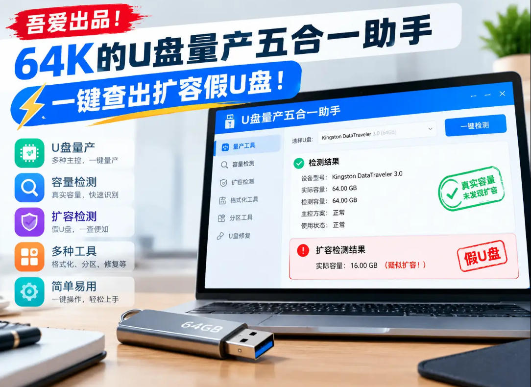 吾爱出品！64K的U盘量产五合一助手，一键查出扩容假U盘！-荆楚AI