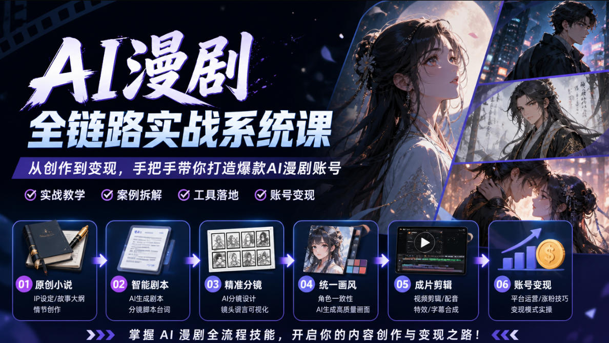 AI漫剧全链路实战系统课｜原创小说、智能剧本、精准分镜、统一画风、成片剪辑、账号变现实操教学-荆楚AI