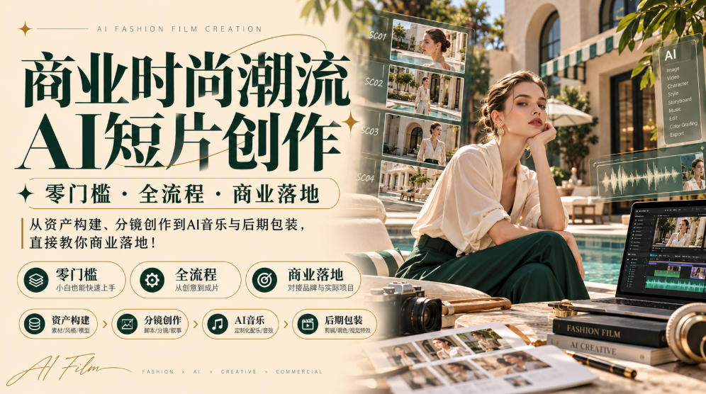 商业时尚潮流AI短片创作|零门槛・全流程・商业落地,从资产构建、分镜创作到AI音乐与后期包装,直接教你商业落地!-荆楚AI