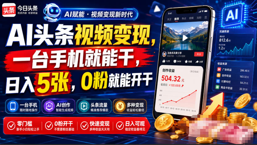 AI头条视频变现，一台手机就能干，日入5张，0粉就能开干-荆楚AI