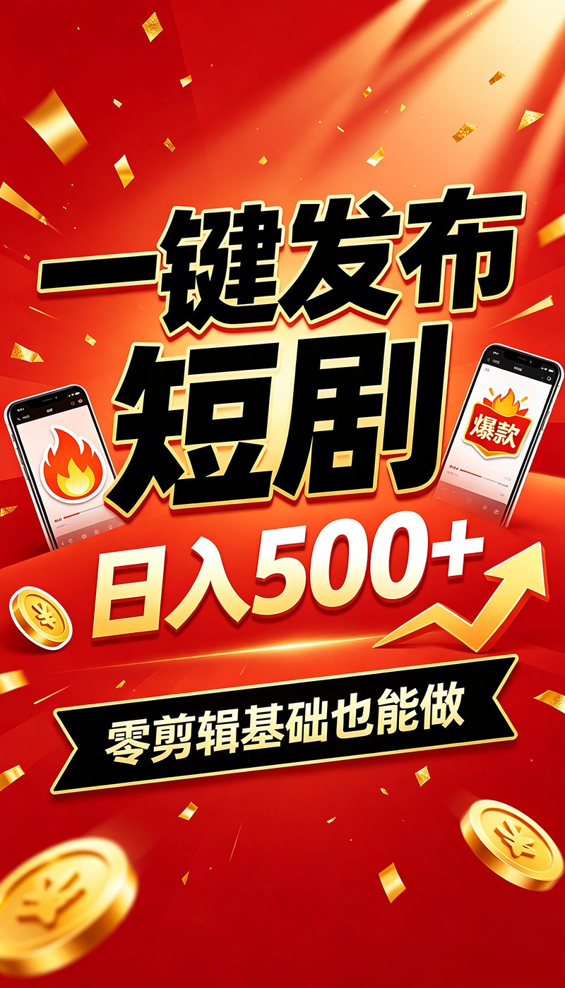 快手短剧一键发布，不用剪辑操作简单，副业日入500+。空闲时间轻松赚收益-荆楚AI