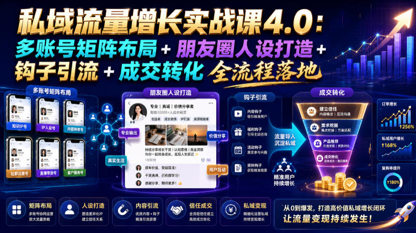 私域流量增长实战课4.0：多账号矩阵布局+朋友圈人设打造+钩子引流+成交转化全流程落地-荆楚AI
