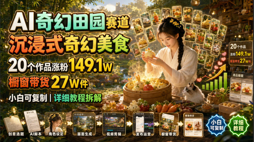 AI奇幻田园赛道，沉浸式奇幻美食，20个作品涨粉149.1W，橱窗带货27W件，小白可复制，详细教程拆解-荆楚AI