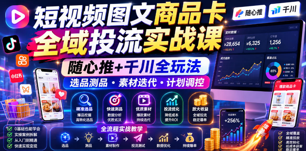 短视频图文商品卡全域投流实战课,随心推+千川全玩法,选品测品・素材迭代・计划调控,提升ROI爆单增收教程-荆楚AI