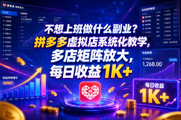 不想上班做什么副业?拼多多虚拟店系统化教学,多店矩阵放大,每日收益1K+【揭秘】-荆楚AI