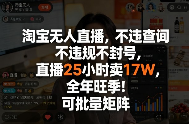 淘宝无人直播，不违规不封号，直播25小时卖17W，全年旺季！可批量矩阵【揭秘】-荆楚AI