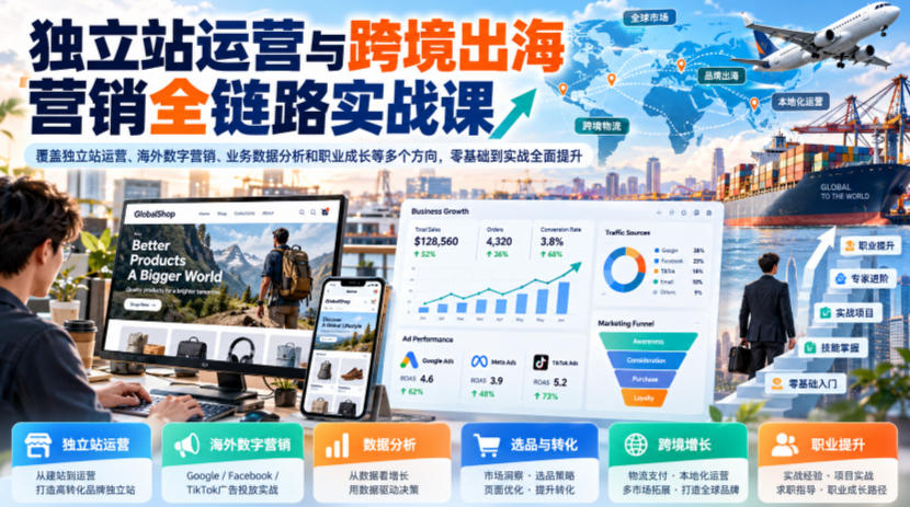 独立站运营与跨境出海营销全链路实战课，覆盖独立站运营、海外数字营销、业务数据分析和职业成长等多个方向，零基础到实战全面提升-荆楚AI
