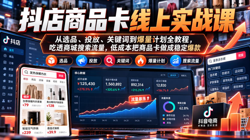 抖店商品卡线上实战课|从选品、投放、关键词到爆量计划全教程,吃透商城搜索流量,低成本把商品卡做成稳定爆款-荆楚AI