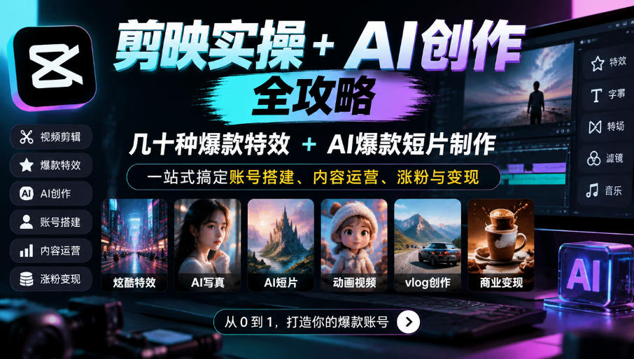 剪映实操+AI创作全攻略|几十种爆款特效+AI爆款短片制作,一站式搞定账号搭建、内容运营、涨粉与变现-荆楚AI