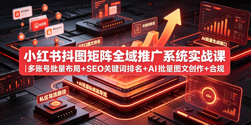 小红书抖图矩阵全域推广系统实战课｜多账号批量布局+SEO关键词排名+AI批量图文创作+合规私域导流完整落地教程-荆楚AI