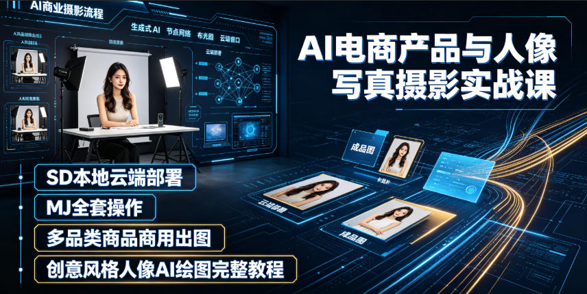 AI电商产品与人像写真摄影实战课｜SD本地云端部署、MJ全套操作、多品类商品商用出图、创意风格人像AI绘图完整教程-荆楚AI