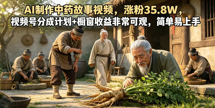 AI制作中药故事视频，涨粉35.8W，视频号分成计划+橱窗收益非常可观，简单易上手-荆楚AI