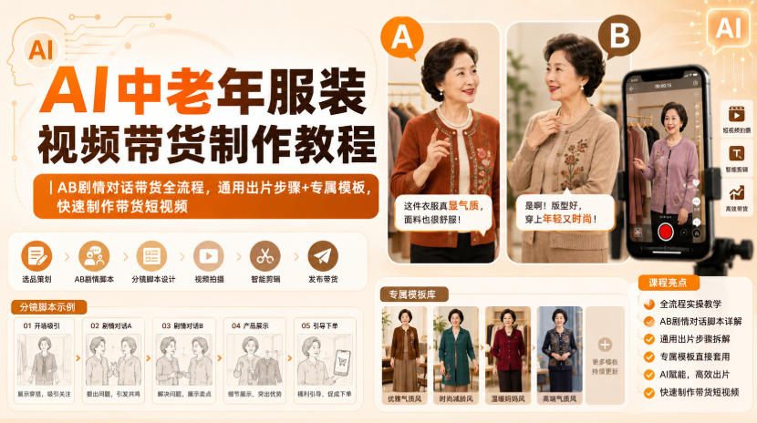 AI中老年服装视频带货制作教程｜AB剧情对话带货全流程，通用出片步骤+专属模板，快速制作带货短视频-荆楚AI