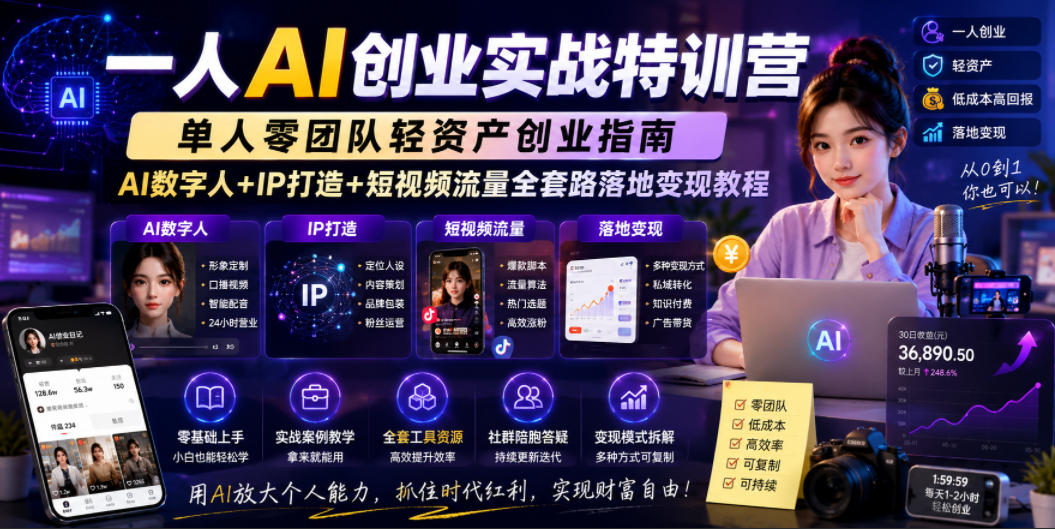 一人AI创业实战特训营，单人零团队轻资产创业指南，AI数字人+IP打造+短视频流量全套路落地变现教程-荆楚AI