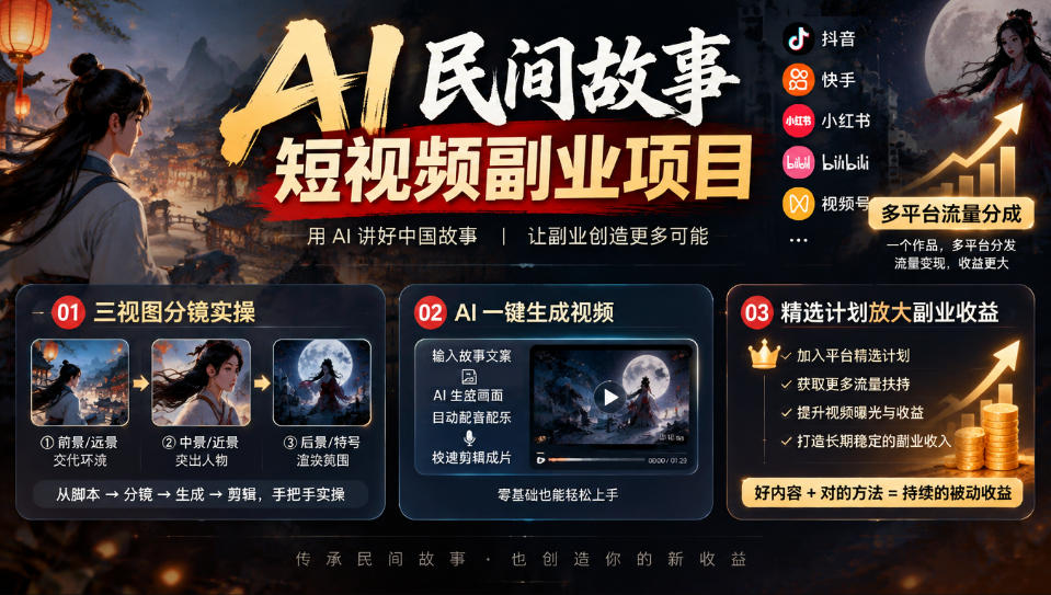 AI民间故事短视频副业项目，多平台流量分成，三视图分镜实操，精选计划放大副业收益-荆楚AI