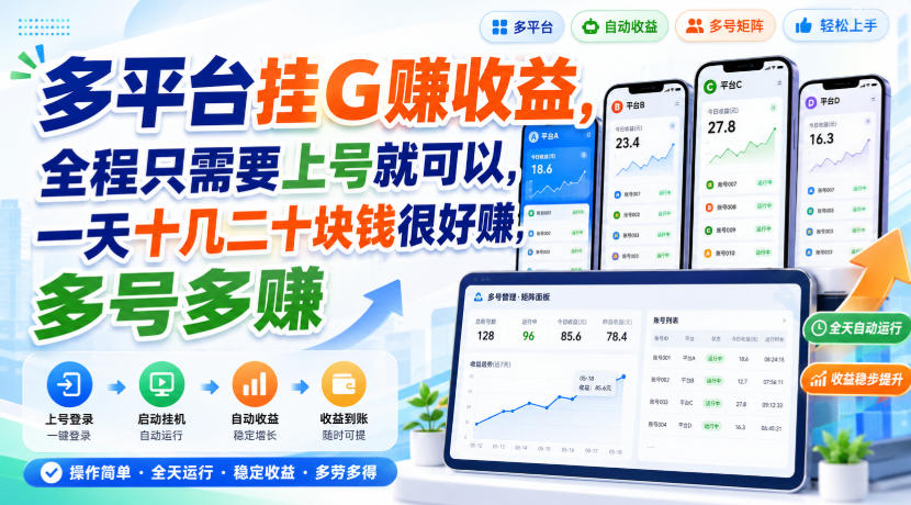 多平台挂G賺收益，全程只需要上号就可以，一天十几二十块钱很好賺，多号多賺【揭秘】-荆楚AI