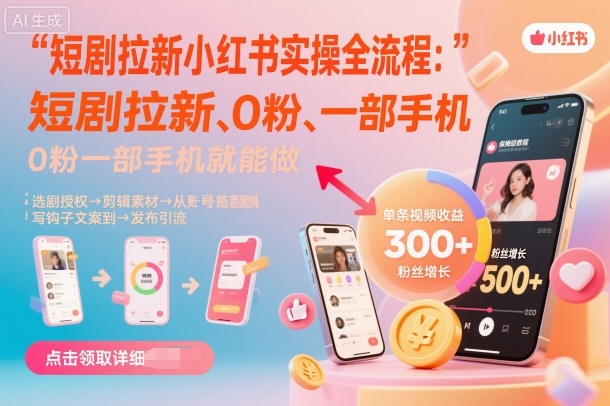 短剧拉新小红书实操全流程，0粉一部手机就可以做，详细教程小淇云库-创业网-网赚副业-网创副业-项目拆解-技术类创业资源网-副业网-免费资源下载小淇云库