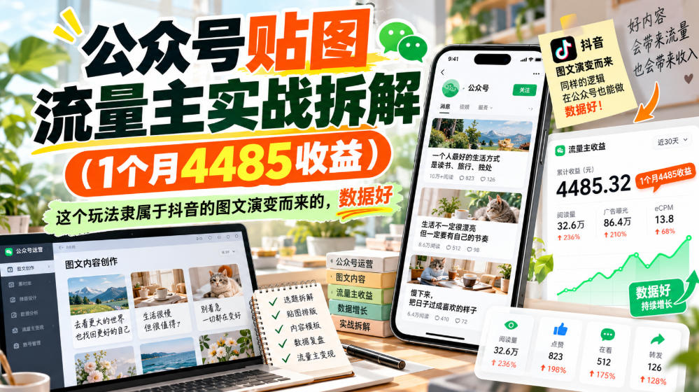 公众号贴图流量主实战拆解(1个月4485收益)，这个玩法隶属于抖音的图文演变而来的，数据好-荆楚AI