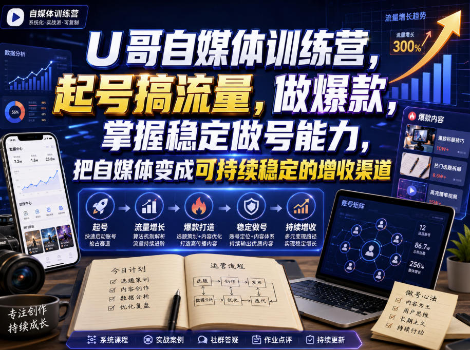 U哥自媒体训练营，起号搞流量，做爆款，掌握稳定做号能力，把自媒体变成可持续稳定的增收渠道-荆楚AI