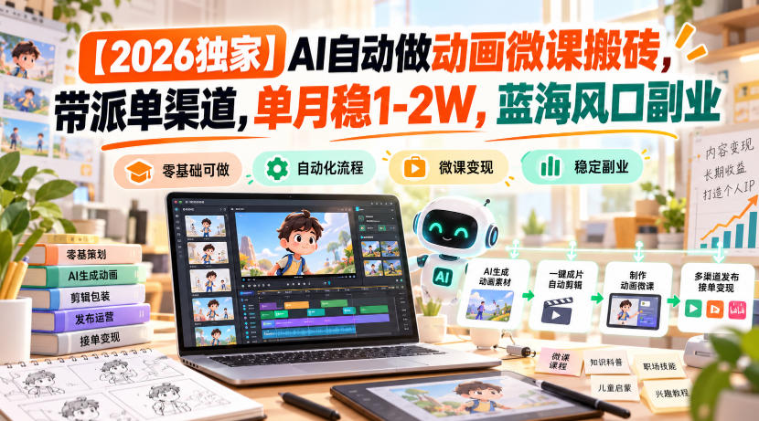 【2026独家】AI自动做动画微课搬砖,带派单渠道,单月稳1-2W,蓝海风口副业【揭秘】-荆楚AI