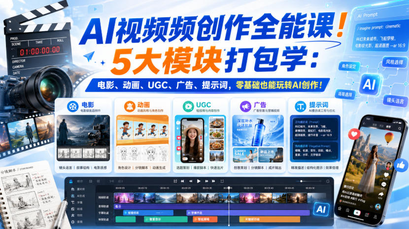 AI视频频创作全能课!5大模块打包学:电影、动画、UGC、广告、提示词,零基础也能玩转AI创作!【原创双语字幕】-荆楚AI