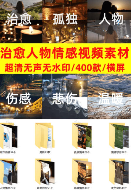 爆款短视频常用视频素材！抖音治愈伤感人物情感视频素材，400款合集，无声无水印，视频感氛围拉满-荆楚AI