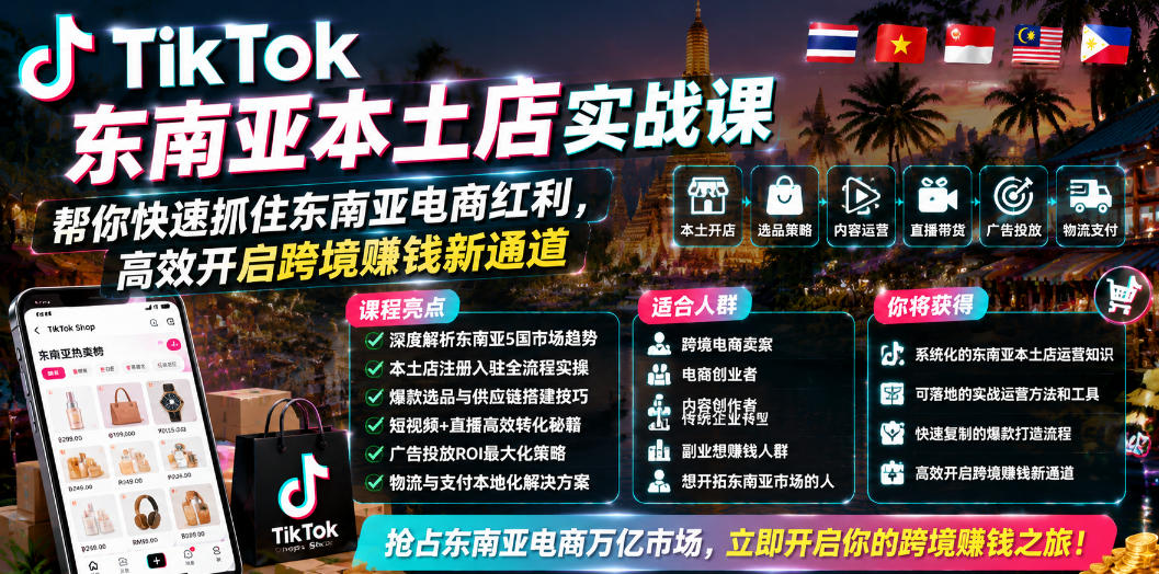 TikTok东南亚本土店实战课，帮你快速抓住东南亚电商红利，高效开启跨境賺钱新通道-荆楚AI