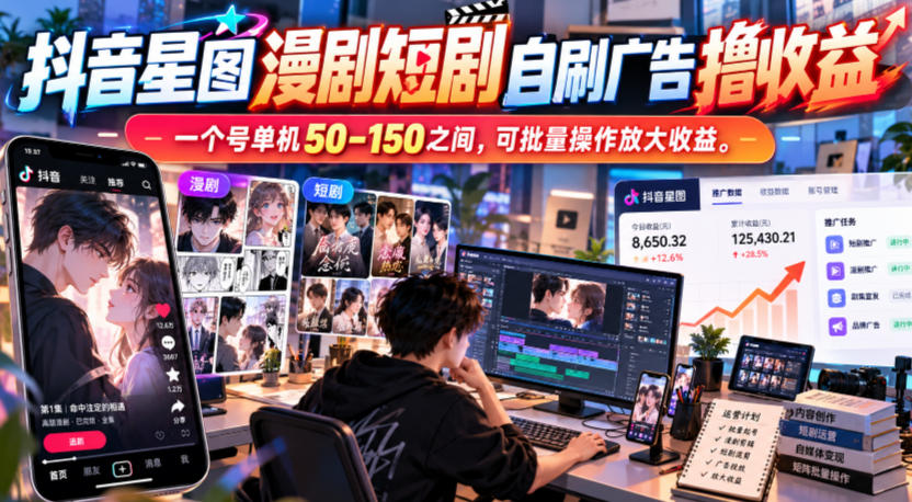 抖音星图漫剧短剧自刷广告撸收益，一个号单机50-150之间，可批量操作放大收益-荆楚AI