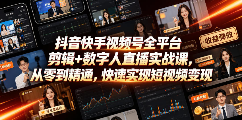 抖音快手视频号全平台剪辑+数字人直播实战课,从零到精通,快速实现短视频变现(更新2026年6月)-荆楚AI