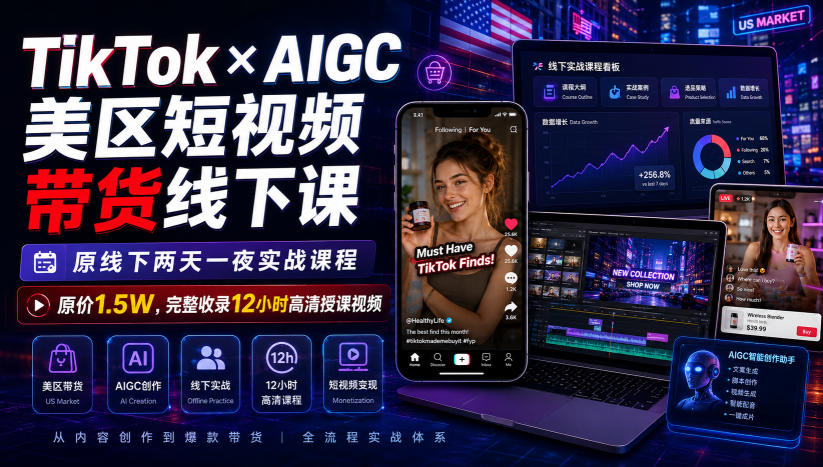 TikTok×AIGC美区短视频带货线下课，原线下两天一夜实战课程，原价1.5W，完整收录12小时高清授课视频-荆楚AI