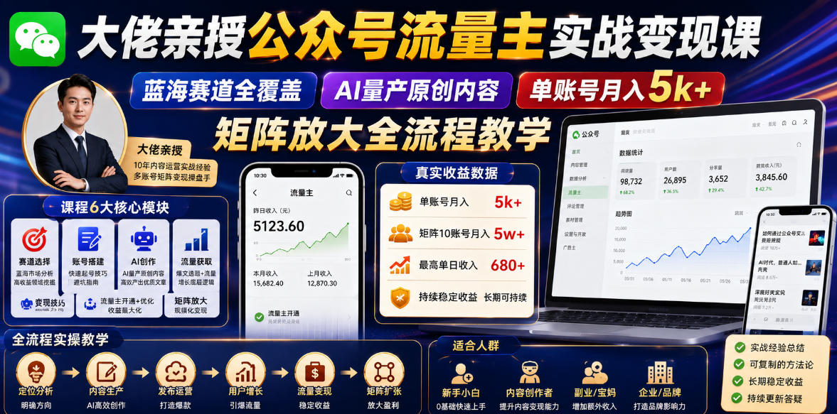 大佬亲授公众号流量主实战变现课,蓝海赛道全覆盖,AI量产原创内容,单账号月入5k+矩阵放大全流程教学-荆楚AI