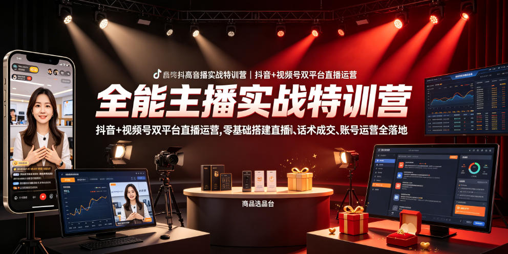 全能主播实战特训营|抖音+视频号双平台直播运营,零基础搭建直播间、精准选品、话术成交、账号运营全落地-荆楚AI