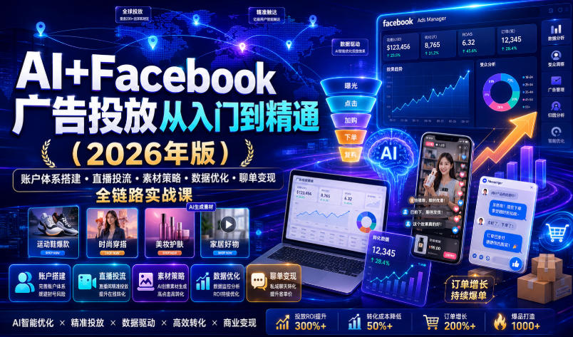 AI+Facebook广告投放从入门到精通(2026年版)|账户体系搭建・直播投流・素材策略・数据优化・聊单变现全链路实战课-荆楚AI