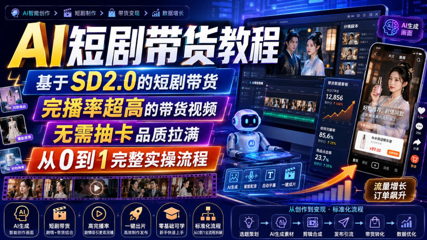 AI短剧带货教程,基于SD2.0的短剧带货,完播率超高的带货视频,无需抽卡品质拉满,从0到1完整实操流程-荆楚AI