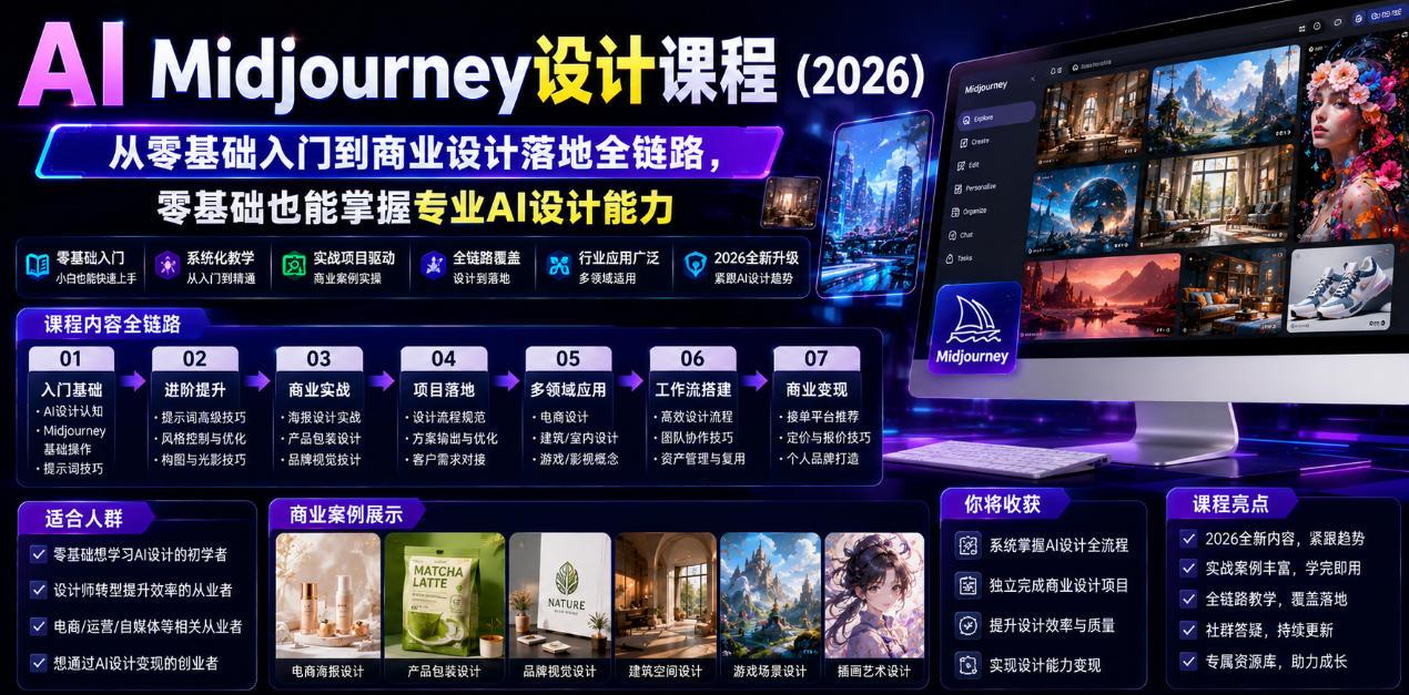 AI Midjourney设计课程(2026),从零基础入门到商业设计落地全链路,零基础也能掌握专业AI设计能力(更新1007)-荆楚AI