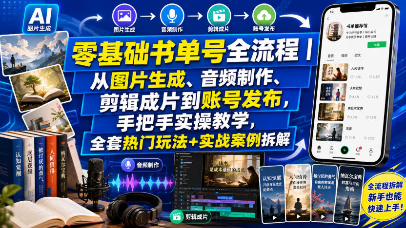 零基础书单号全流程｜从图片生成、音频制作、剪辑成片到账号发布，手把手实操教学，全套热门玩法+实战案例拆解-荆楚AI