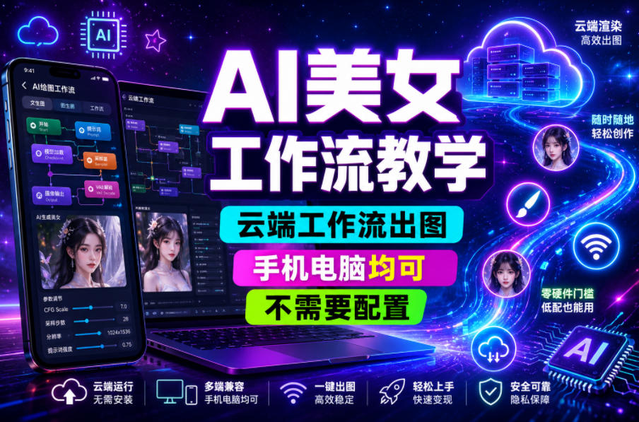 AI美女工作流教学,云端工作流出图,手机电脑均可,不需要配置,快速起号涨粉-荆楚AI