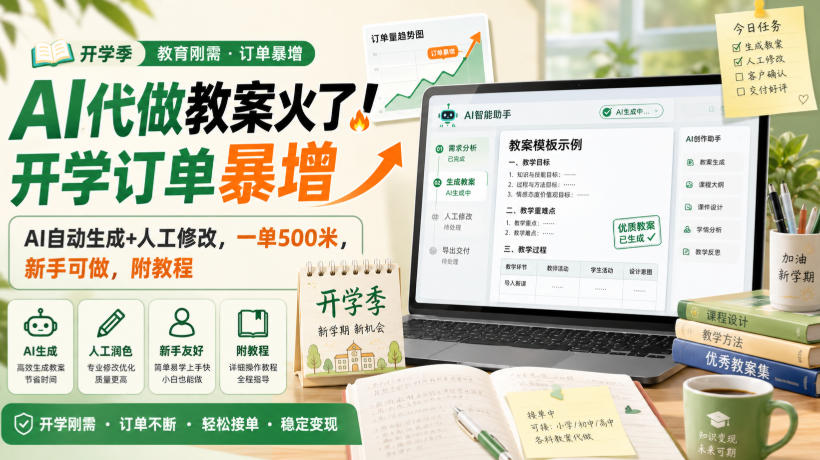 AI代做教案火了!开学订单暴增,AI自动生成+人工修改,一单500米,新手可做,附教程【揭秘】-荆楚AI