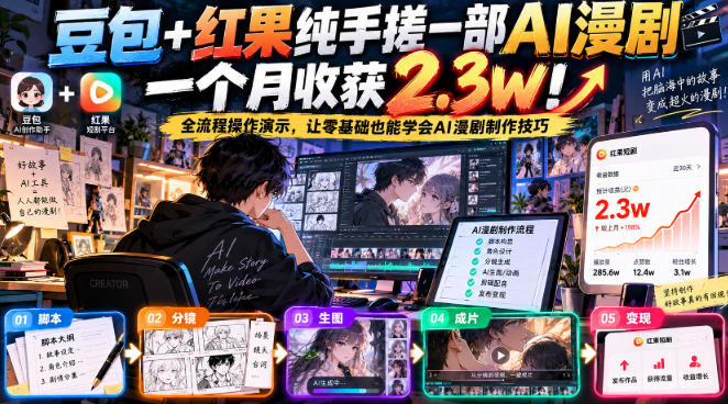 豆包+红果纯手搓一部AI漫剧一个月收获2.3w！全流程操作演示，让零基础也能学会AI漫剧制作技巧-荆楚AI