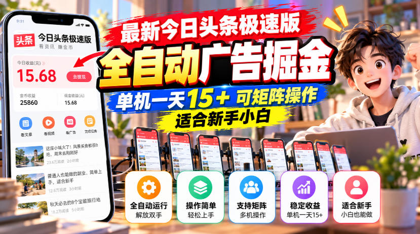 最新今日头条极速版全自动广告掘金，单机一天15+可矩阵操作适合新手小白-荆楚AI