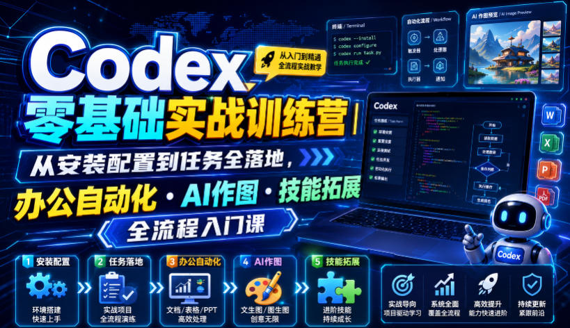 Codex零基础实战训练营｜从安装配置到任务全落地，办公自动化・AI作图・技能拓展全流程入门课-荆楚AI