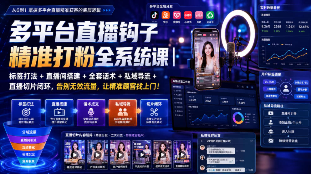 多平台直播钩子精准打粉全系统课｜标签打法+直播间搭建+全套话术+私域导流+直播切片闭环，告别无效流量，让精准顾客找上门！-荆楚AI